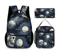 peiyeety Set di zaini da viaggio con borsa per il pranzo e portaoggetti Halloween Luna piena Corvo Teschi Gotici (1) borse per cosmetici