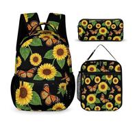 peiyeety Set di zaini da viaggio con borse per il pranzo e borsa per cosmetici Zaino a forma di farfalla monarca e girasole con borsa porta pranzo Set di zaini e zaini