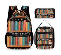 peiyeety Set di zaini da viaggio con borse per il pranzo e borsa per il trucco Reading Is My Happy Place Book Lovers (5) Zaino con porta pranzo e set di borse portaoggetti