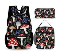 peiyeety Set di zaini da viaggio con borse per il pranzo e borsa per il trucco, zaino con foglie autunnali, funghi freschi, porta pranzo e borsa portaoggetti