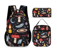 peiyeety Set di zaini da viaggio con borse per il pranzo e borsa per il trucco, zaino con porta pranzo e borsa portaoggetti, strega, strega, gotico, funghi magici (1)