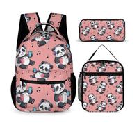 peiyeety Set di zaini da viaggio con borse per il pranzo e borsa per il trucco Zaino rosa con musica a forma di panda carino con porta pranzo e borsa portaoggetti