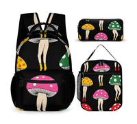 peiyeety Set di zaini e borse con vari funghi, zaino unico da donna con funghi, borse per il pranzo e borsa per il trucco, borsa a tracolla con borse porta pranzo