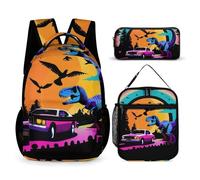 peiyeety Set di zaini Zaino con porta pranzo Borse per il trucco Borse a tracolla con borsa per il pranzo Borsa per cosmetici Dinosauri colorati Cool Full Moon World (3) Set di zaini