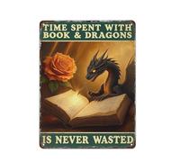 peiyeety Targa in metallo Il tempo trascorso con libri e draghi non è mai tempo sprecato, adatta per soggiorni, caffè e garage. Dimensioni: 20x30 cm.