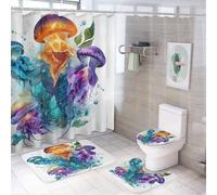 peiyeety Tenda da doccia con bolle d'acqua e alghe, 4 pezzi, 72 x 72 cm, copriwater, tappetini antiscivolo e tappetino a U, set di decorazioni per il bagno con vita marina mistica blu e 12 ganci