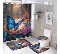 peiyeety Tenda da doccia con motivo a farfalla, fiore, e albero, 4 pezzi, 72 x 72 cm, copriwater, tappetini antiscivolo e tappetino a U, set di decorazioni per il bagno azzurro mistico con 12 ganci