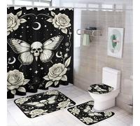 peiyeety Tenda da doccia con teschio, rosa e stelle, 4 pezzi, 72 x 72 cm, copriwater, tappetini antiscivolo e tappetino a U, set di decorazioni per il bagno con foglia di luna mistica nera e 12 ganci