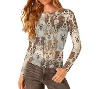 peiyeety Top da Donna in Rete con Simpatici Cani Marroni, Bianchi e Beige, Maniche Lunghe Trasparenti, Camicetta Trasparente, Abbigliamento da Club, Taglie Forti S-5XL