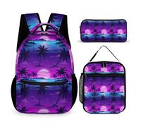 peiyeety Zaino con borsa e libro, set di zaino con palma da cocco hawaiana, oceano e luna, con borse per il pranzo e borsa per il trucco, borsa a tracolla con borse porta pranzo