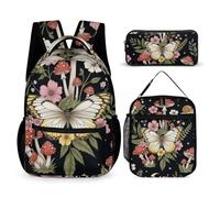 peiyeety Zaino da viaggio Bookbag Daypack Set Moon Mushrooms Butterfly Zaino per laptop Set con borsa per il pranzo e borsa portaoggetti Zaino da viaggio