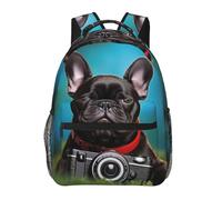 peiyeety Zaino da viaggio impermeabile per uomo e donna con cucciolo di bulldog francese e macchina fotografica, per laptop da 15,6 pollici