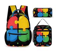 peiyeety Zaino da viaggio per laptop, set di pezzi di puzzle colorati per la consapevolezza dell'autismo, zaino nero a forma di cuore, zaino leggero con porta pranzo e borsa per cosmetici