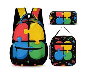 peiyeety Zaino da viaggio per laptop, set di pezzi di puzzle colorati per la consapevolezza dell'autismo, zaino nero a forma di cuore, zaino leggero con porta pranzo e borsa per cosmetici