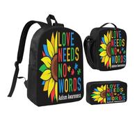 peiyeety Zaino leggero da 17 pollici con girasole per la consapevolezza dell'autismo, set da pranzo, zaino da giorno per uomo e donna, 3 pezzi