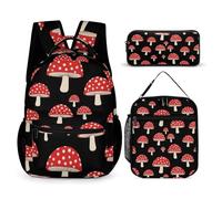 peiyeety Zaino per laptop con funghi e pois rossi, set di borse con borsa per il pranzo e borsa portaoggetti, set di zaini con porta pranzo e borse per cosmetici