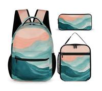peiyeety Zaino per laptop con motivo astratto, spiaggia, sabbia, onda, rosa, blu, verde acqua, set con borsa per il pranzo e borsa portaoggetti, set zaino con porta pranzo e beauty case