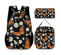 peiyeety Zaino porta pranzo e borsa portaoggetti Set di zaini con fiori e farfalle monarca Set di zaini con borsa per il pranzo e borse per cosmetici