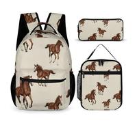 peiyeety Zaino Running Horse Brown Bookbag Set con Lunch Box e Borsa per Cosmetici Zaino con Lunch Box e Borsa per Trucchi