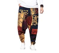 Pejihota Pantaloni Larghi Hip-Hop Harem da Uomo in Cotone e Lino Bohemian Casual Aladdin Yoga Harem Pants Bloomers Pantaloni con Cavallo Basso Stampa retrò con Tasche (M, Rosso)