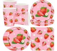 pekifaves Set di stoviglie per feste Fragola per 16 ospiti, Set Compleanno Fragola, Piatti di Carta, Bicchieri di Carta, Tovaglioli, per feste di compleanno, per ragazze, baby shower