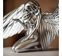 PEKJDS Angelo Fata Figurina-Ginocchiare Cappello Nudo Sexy Corpo Umano Argento Figura in Resina, Arte Angelo Femminile Donna Ala, 3D Angelo Arte Statua Decor