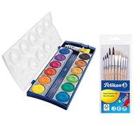 Pelikan 720250 K12 - Scatola per colori copertura, 12 colori + 1 tubetto di bianco opaco, standard scolastico (scatola per colori e set di pennelli da 10 pezzi)