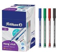 Pelikan Hang Stick Penna a sfera blu, nero, rosso, verde, confezione da 50 pezzi, punta fine da 0,7 mm, inchiostro a base di olio, manico triangolare ergonomico, con clip e passante per appenderla