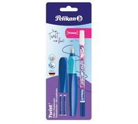Pelikan Twist in Colori Assortiti, Penna Stilografica Ergonomica, per Destrimani e Mancini, per Scuola e Ufficio, Pennino M in Acciaio Inossidabile, 2 Cartucce Blu e Cancellino Inclusi. Ricaricabile