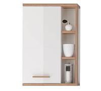 Pelipal Armadio da bagno Quickset 923 in bianco lucido/Riviera in rovere orizzontale, larghezza 50,5 cm | Armadio da bagno con 1 anta, ripiani laterali e 2 ripiani in vetro