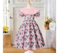 Pelle delicata e morbida come le nuvole, abito floreale rosa per ragazze, abito a bolle con colletto da bambola e stampa, creando uno stile da piccola principessa! Le strade di tutti i giorni sono cos