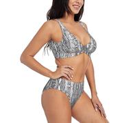 Pelle di serpente Stampa Bianco e Nero Delle Donne Hawaii Bikini Set Due Pezzi Costume Da Bagno Con Collo A U Costumi Da Bagno, Nero , XL