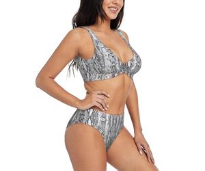 Pelle di serpente Stampa Bianco e Nero Delle Donne Hawaii Bikini Set Due Pezzi Costume Da Bagno Con Collo A U Costumi Da Bagno, Nero , XL