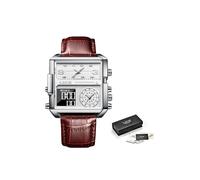 (Pelle Marrone Argento) Orologio da uomo alla moda in acciaio nero, digitale, con doppio display, sportivo, cronografo,