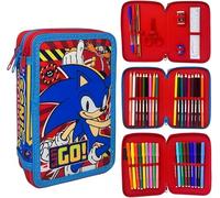 PELLECCHIA 1969 Astuccio 3 Scomparti 3D Bambini, Per Sonic Fan Blu, 44 Accessori Scuola Elementare Bambino 3 Zip, 20 Centimetri