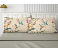 PELLECCHIA 1969 |Lenzuola Irge | Lenzuolo sopra +Lenzuolo sotto con Angoli + 2 federe in Stampa Digitale + 2 federe Tinta Unita Fantasia (Colibrì Beige, Matrimoniale)