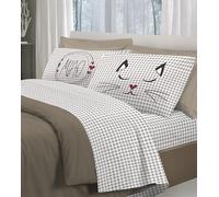 PELLECCHIA 1969| Set Lenzuola Letto Matrimoniale Fantasia Orsetto Tartan e Gattini 100% Cotone Made in Italy Lenzuolo sopra + sotto con Angoli + Federa/e con Stampa su due i Lati (Gatti Miao Beige)