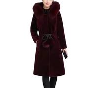 Pellicce di Visone Cappotto Donna di Media lunghezza Inverno Velluto di Visone Faux Furss Giacca con Cappuccio Donna Sottile Nuovo Grande Formato Ispessimento, Claret, XL