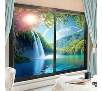 Pellicola per finestre moderna con cascata, per la privacy, montagna, verde, foresta, soleggiata, senza colla, pellicola statica per finestre, 60 x 90 cm, 2 pezzi