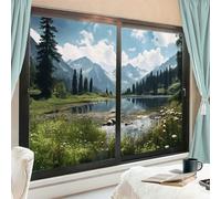 Pellicola per finestre vintage rustica con lago, fiori di campo bianchi, boschi di boschi, rivestimenti per finestre in vetro colorato, senza colla, pellicola statica per finestre per la casa, 90 x