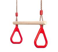 PELLOR Altalena Trapezio in Legno Multifunzionale per Bambini con Anelli da Ginnastica in Plastica per Appendere Portata Fino a 160 kg (Rosso)