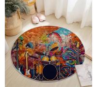 Pelo Corto Tappeto Rotondo Retrò Rock Strumenti Musicali Muro Di Mattoni Tema, 150 cm Antiscivolo Lavabile Tappetino Rotondo Per Bambini Cameretta Cucina Casa Zona Balcone Tavolino - Multicolore