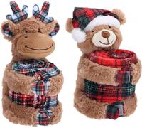 Peluche orsetto / renna con coperta flanella Cm. 75x100 natalizio - Modelli asso