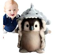Peluche simulato di pinguino con costume da squalo e materiale morbido, design carino con occhi grandi per l'arredamento della camera dei bambini, ideale come regalo e per il gioco
