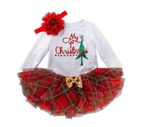 Penaten Set neonato neonato bambina 1° vestito natalizio lettera stampa romana + vestito plaid tutu + fascia 3 pezzi vestiti in mussola top bambino, bianco, 6-12 Mesi