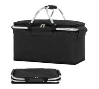 Penbinmall - Cestino per la spesa pieghevole, grande cestello termico da picnic, borsa termica impermeabile, supporto laterale, 2 manici, posizione verticale (nero)