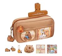 Pencil Case, Stationery Pouch, Capybara Pencil Case Set, 8.66x4.72x2.76 Inch Multi-Layer Large Capacity Pen Case with Stickers, Brooches, Keychain, and Doll for School Supplies and Stationery Storage