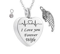 Pendant for Ashes with Chain,Heart with Angel Wing Birthstone and ECG Engraving I Love You Forever Wife Necklace Urns Stainless Steel Necklace for Ashes