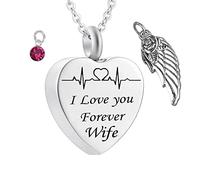 Pendant for Ashes with Chain,Heart with Angel Wing Birthstone and ECG Engraving I Love You Forever Wife Necklace Urns Stainless Steel Necklace for Ashes
