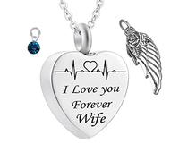 Pendant for Ashes with Chain,Heart with Angel Wing Birthstone and ECG Engraving I Love You Forever Wife Necklace Urns Stainless Steel Necklace for Ashes